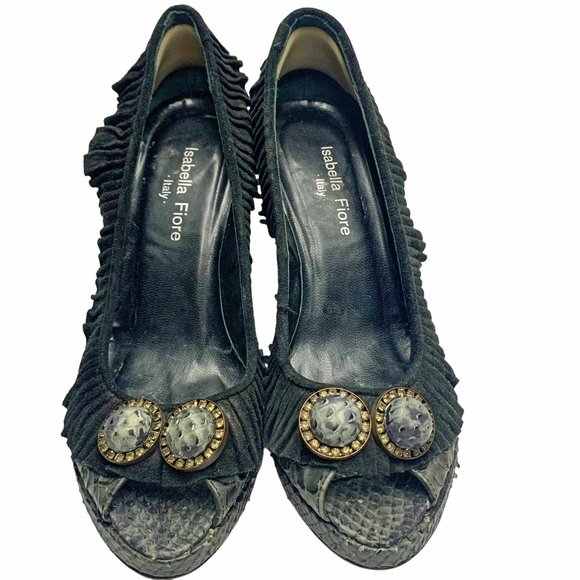 ISABELLA FIORE Gray Python Embossed Leather Peep Toe Heels - Picture 4 of 11